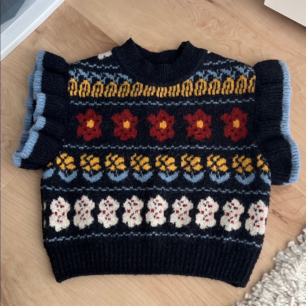 Toddler girl Navy Floral Fair Isle Knit Sweater Top 3T